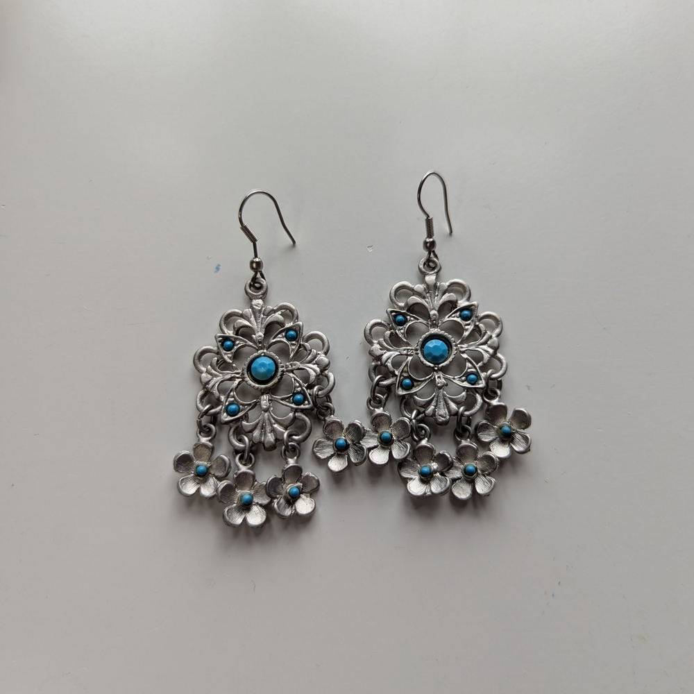 Elegant Festival Boho Silver and Blue Floral Earrings